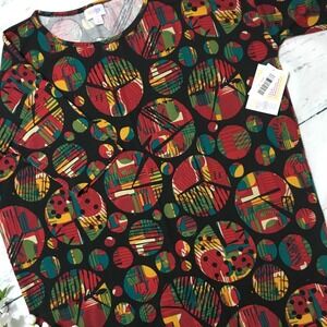 LuLaRoe Irma Tunic Top MCM Abstract Art Dolman Sleeve NWT S Black Red Blue Green